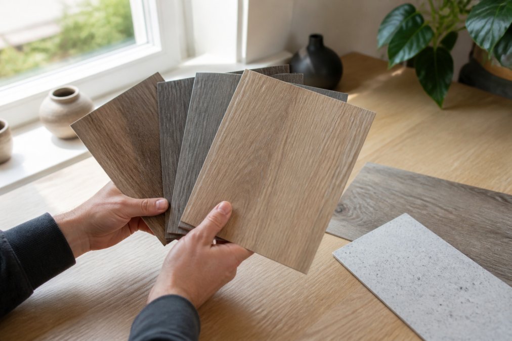 Hænder der holder fysiske vinylgulvprøver i forskellige farver og træ-designs på en lys træbord ved et vindue, naturligt lys skinner på prøverne og viser teksturer og glans