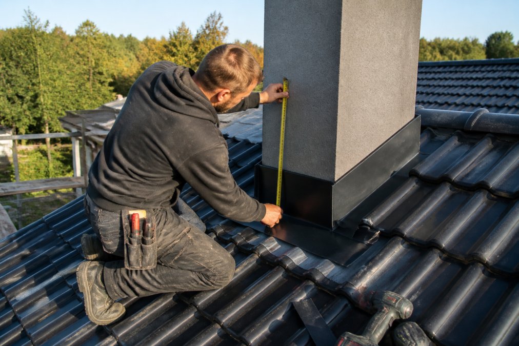 En håndverker i arbeidsklær som bruker målebånd på et tak for å måle lengden på en pipebeslag, med takstein og verktøy synlig i bakgrunnen
