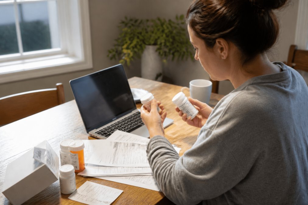 Pet owner at home comparing medication bottles and prescription documents on a table with a laptop showing online pharmacy options, natural daylight streaming through window