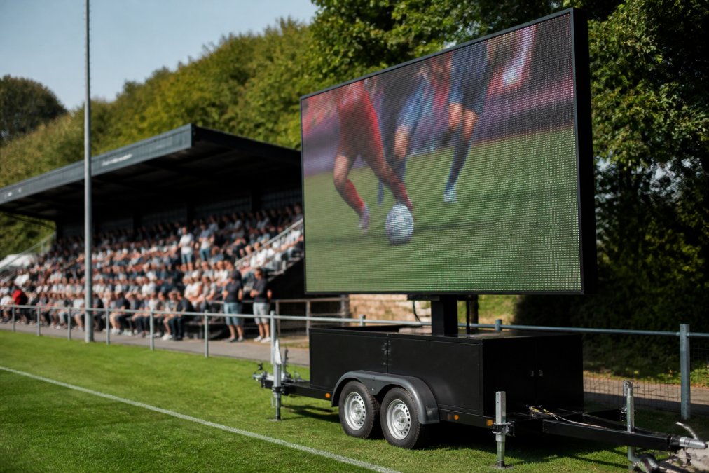 Een mobiele LED-aanhangwagen op een sportveld tijdens een lokaal evenement, met publiek op de achtergrond en een helder scorebord op het scherm, in namiddaglicht