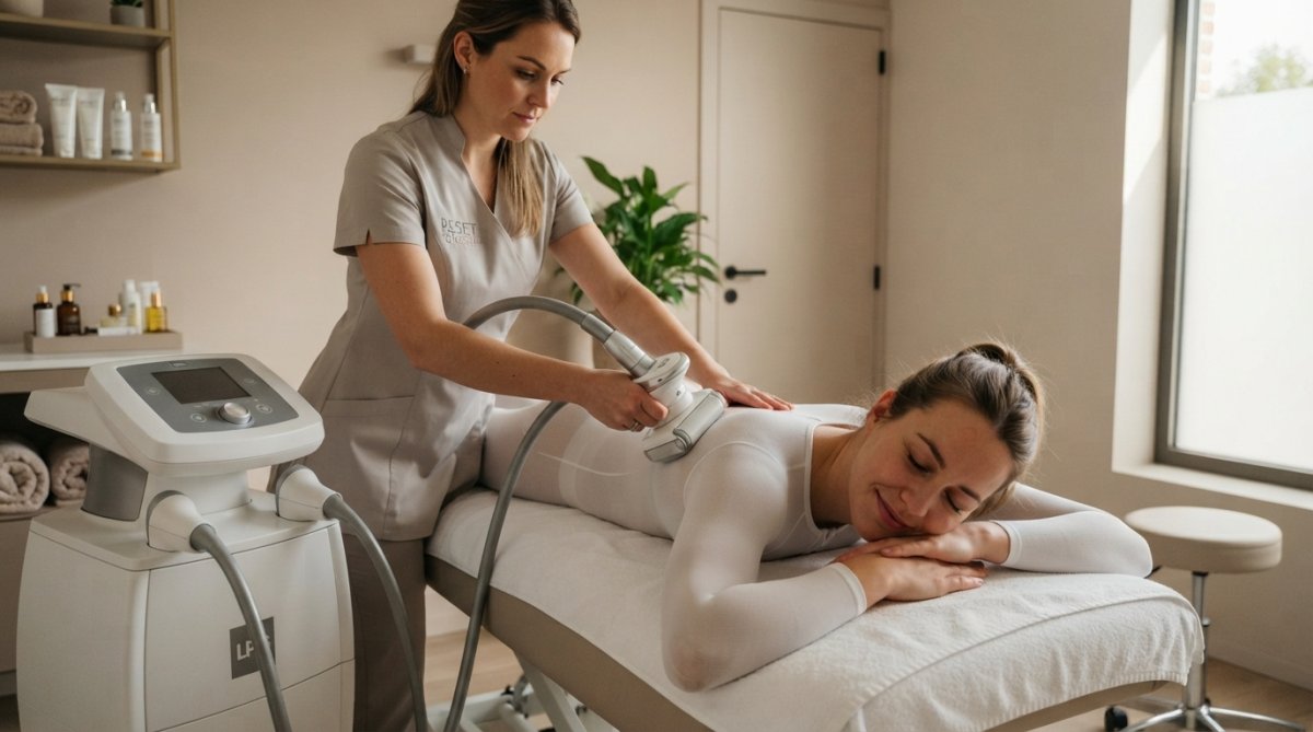 Vrouw ontspant tijdens LPG Endermologie als betaalbare lichaamsbehandeling voor huidversteviging in een kliniek.