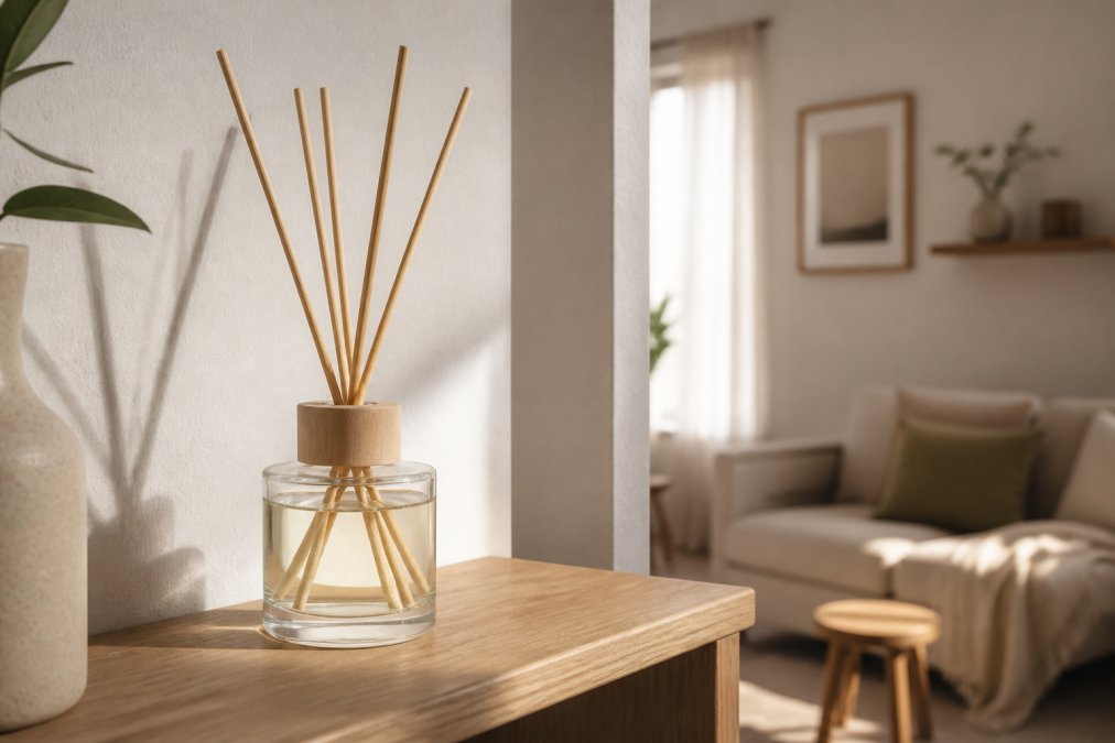 Close-up van handgemaakte bamboe geurstokjes in een helder glazen fles met geurvloeistof, staande op een minimalistische houten plank in een zonnig klein appartement met neutrale muren