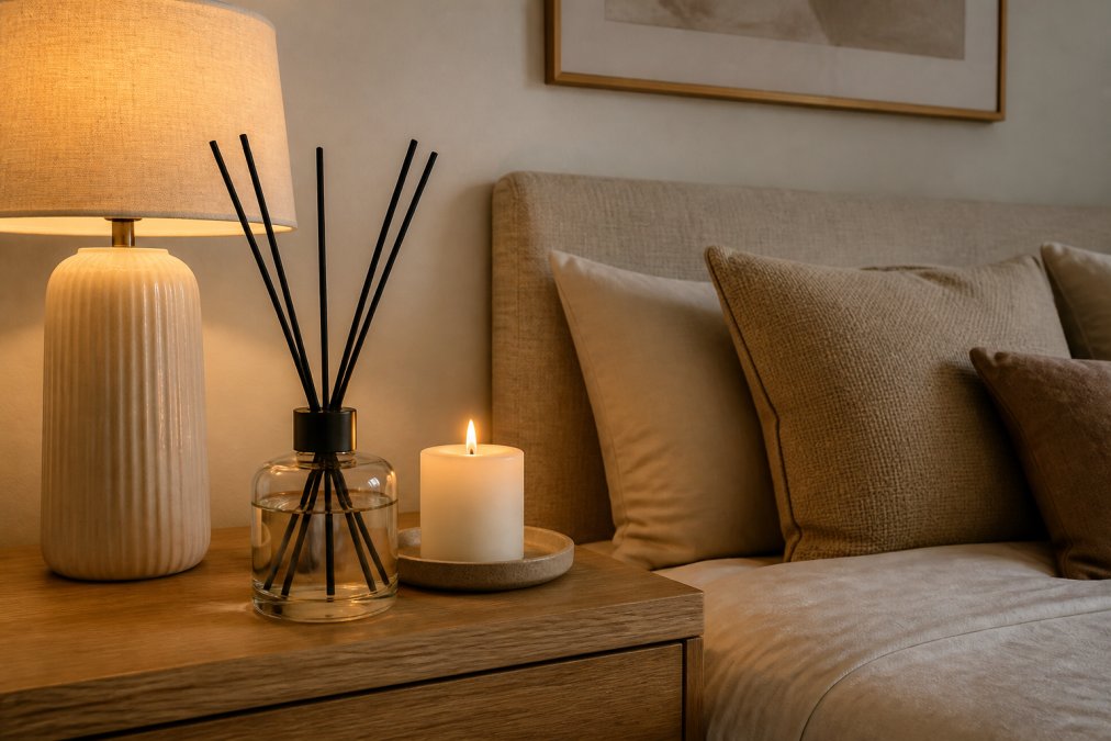 Elegante geurstokjes fles naast een brandende geurkaars op een houten nachtkastje in een gezellige kleine slaapkamer met warme lampverlichting en neutrale kleuren