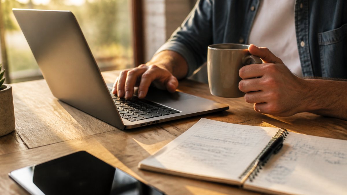 Betaalbare webhosting pakketten vergelijken Professional working at laptop analyzing webhosting options with coffee cup on clean desk in bright office environment