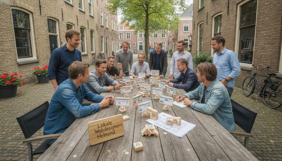 Lokale ondernemer werkt achter een laptop aan een betaalbare website helmond in een modern kantoor met uitzicht.