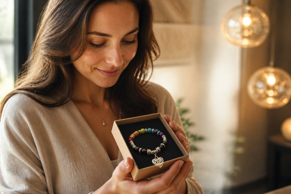Vrouw die voorzichtig een klein sieradendoosje vasthoudt met daarin een armband, zachte glimlach, warm binnenlicht dat een emotioneel cadeaumoment suggereert