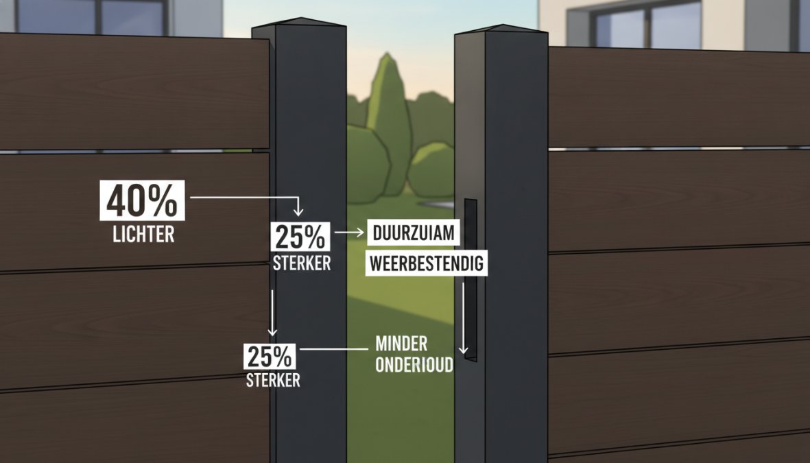 Close-up van een moderne tuinschutting met betonnen palen en composiet planken in een residentiële achtertuin, zichtbaar materiaalinterface en strakke afwerking in helder daglicht