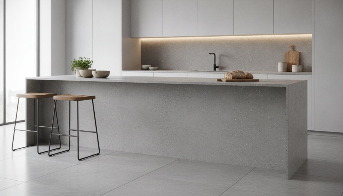 Strak modern keukenblad met composiet betonlook oppervlak, zichtbare textuurdetails en minimalistische keukeninrichting met natuurlijk raamlicht
