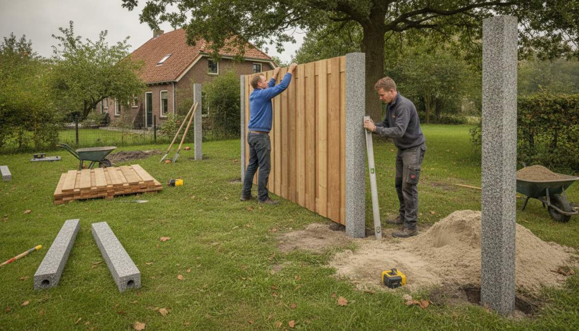 Vakman buigt zich over een uitgegraven gat voor een betonpaal in een tuin in Noord-Brabant, met spade en waterpas duidelijk zichtbaar op de grond, zonnig weer