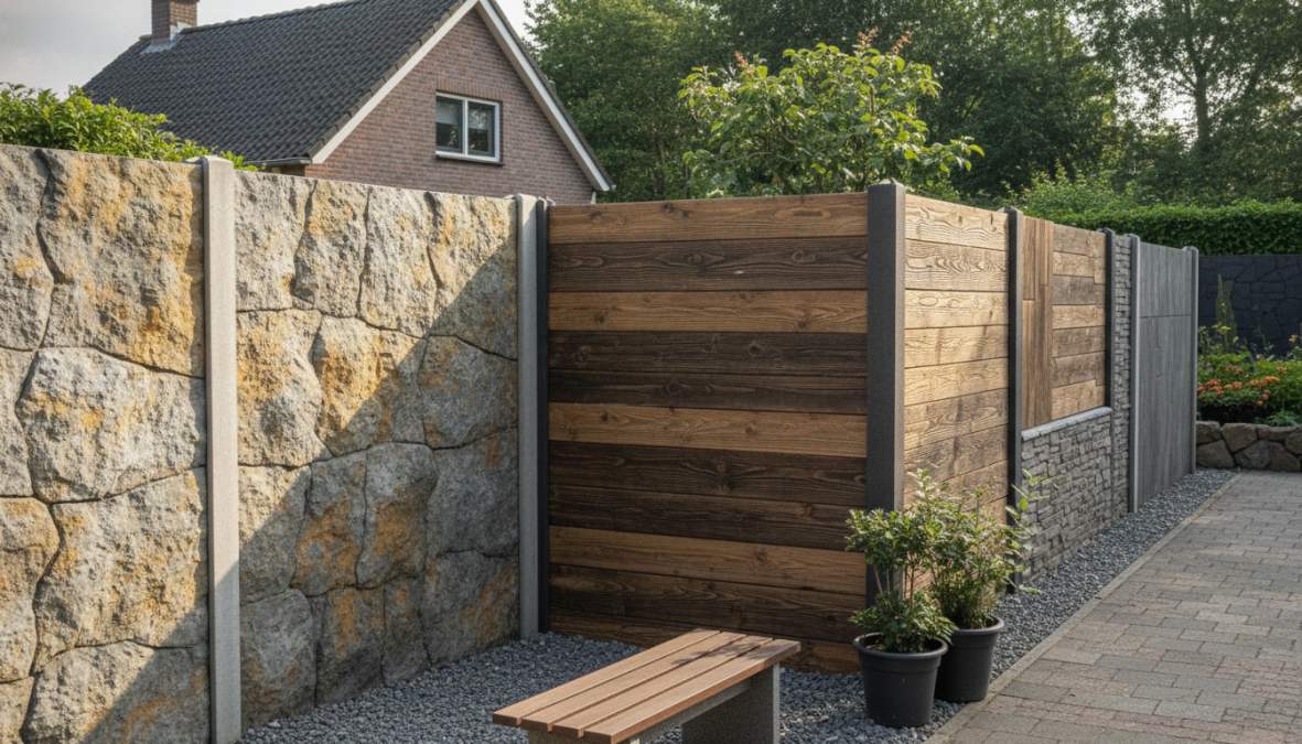 Close-up van een geplaatste betonnen schutting met een diep reliëf rotsmotief in antraciet kleur in een nette Nederlandse achtertuin, met groene beplanting en een stenen terras op de achtergrond, fotografisch scherp in zachte middagzon