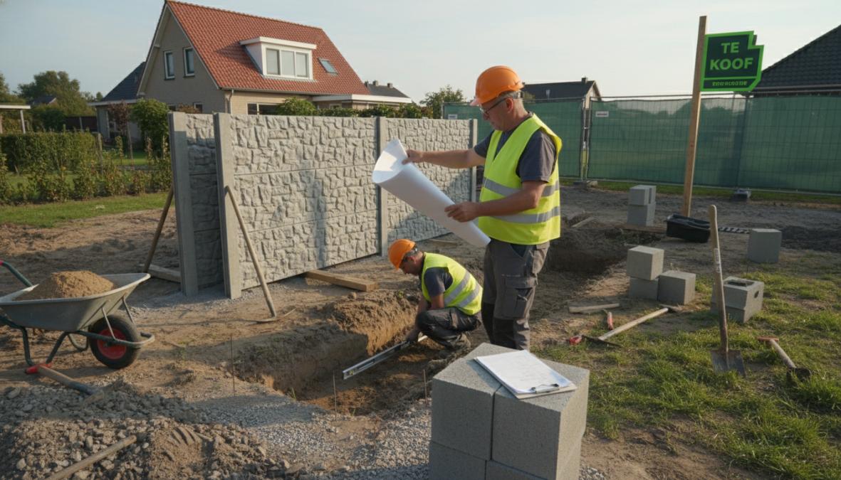 Vakman in werkkleding die een betonpaal met een waterpas controleert op loodrechtheid in een achtertuin, meetlint en schep zichtbaar op de grond, heldere daglichtsituatie