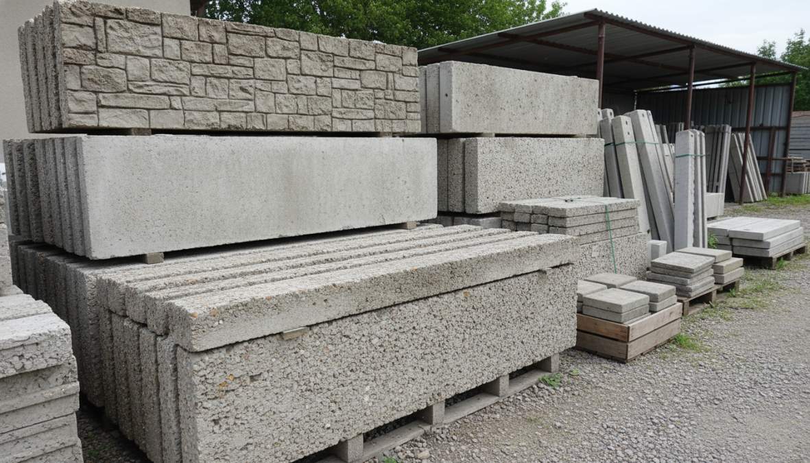 Close-up van een nette werkbank buiten in een tuin met daarop een betonpaal, een grijze onderplaat en een antraciet afdekmuts, gerangschikt op een houten tafelblad in helder daglicht