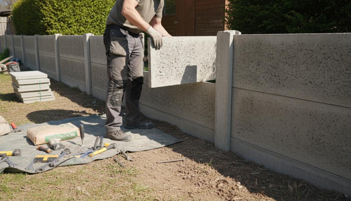 Een persoon in grijze werkkleding die met beide handen voorzichtig een grijze betonplaat uit de sponning van een betonpaal tilt in een achtertuin op een zonnige dag, met een werkhandschoen aan en een hamer en waterpas zichtbaar op het gras