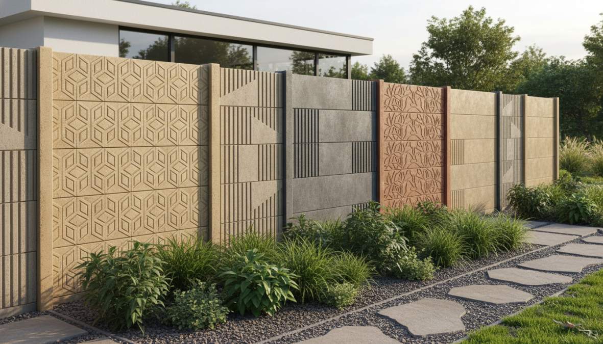 Close-up van een moderne Nederlandse achtertuin met een antraciet betonnen schutting met houtmotief motiefplaten, groene beplanting op de voorgrond en een nette afdekkap bovenop de betonpalen, gefotografeerd op een zonnige middag