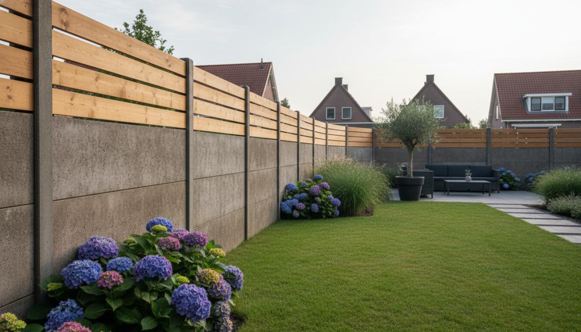Een verzorgde Nederlandse achtertuin op een zonnige dag met een combinatieschutting van grijze betonpalen en horizontaal geplaatste douglas houten planken, omgeven door gras en lage beplanting
