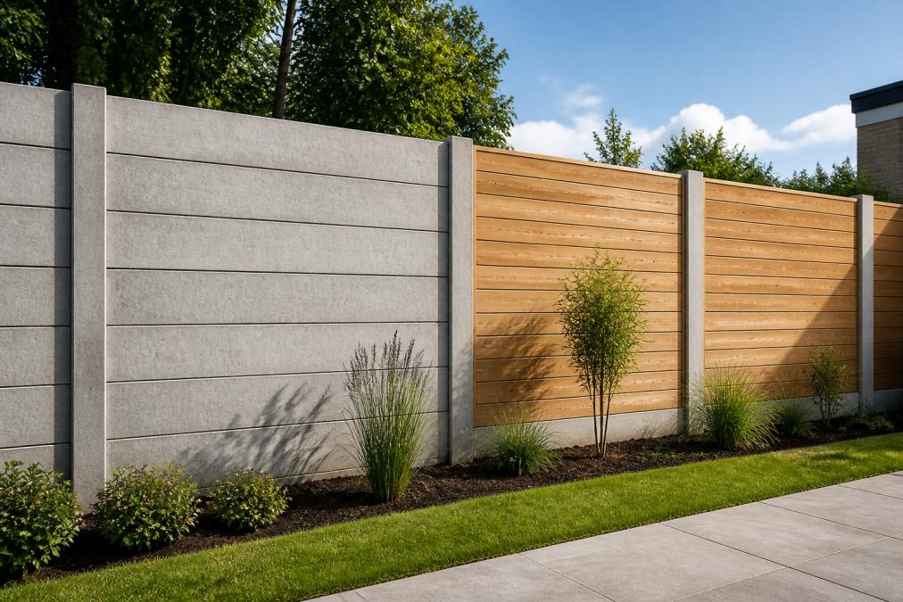 Vergelijking van een grijze beton schutting en een beton-hout combinatie voor de beton schutting plaatsen kosten berekening.