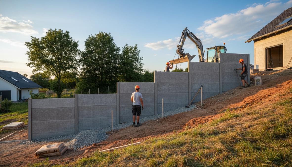 Close-up van een geplaatste hout-betonschutting die trapsgewijs een groene, aflopende tuin volgt, met zichtbare betonpalen in beton gefundeerd op verschillende hoogteniveaus, heldere daglichtomstandigheden