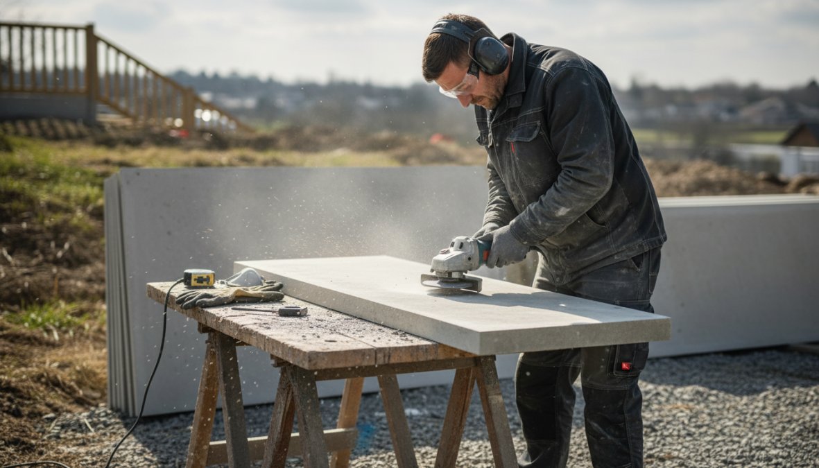 Een vakman in werkkleding die met een haakse slijper een betonplaat inkort op een werkbank buiten, beschermingsbril en handschoenen aan, meetlint zichtbaar op de achtergrond, zonnig daglicht