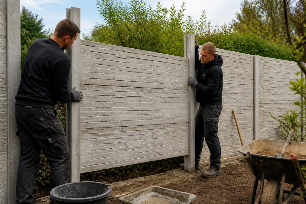 Twee vakmannen in werkkleding die een betonnen schuttingpaneel voorzichtig plaatsen in een tuinomgeving, met gereedschap en materialen zichtbaar op de achtergrond