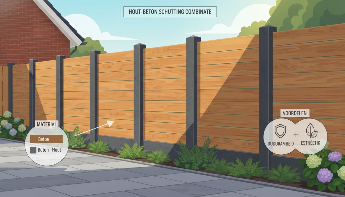 Een strak geplaatste hout-beton schutting in een verzorgde Nederlandse tuin, met grijze betonpalen en warmgekleurde houten planken, groene beplanting langs de schutting en zacht zonlicht dat door de bladeren valt