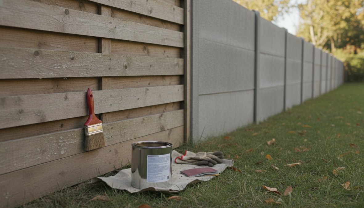 Een persoon die met een kwast houtbeits aanbrengt op een houten tuinschutting, gekleed in casual tuinkleding, met een open pot beits op de grond naast de schutting, in een groene tuin op een bewolkte dag