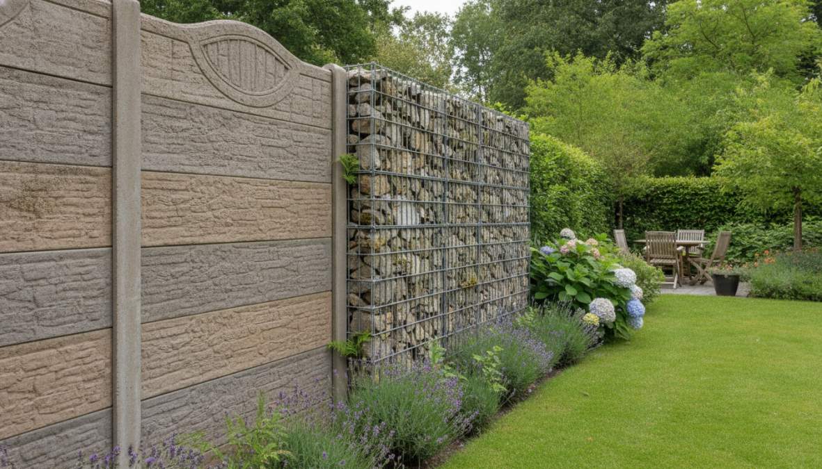 Kant-en-kant beeld van een moderne betonnen schutting met rotsmotief en een steenkorven erfafscheiding in een groene tuinomgeving, beide in volle zon