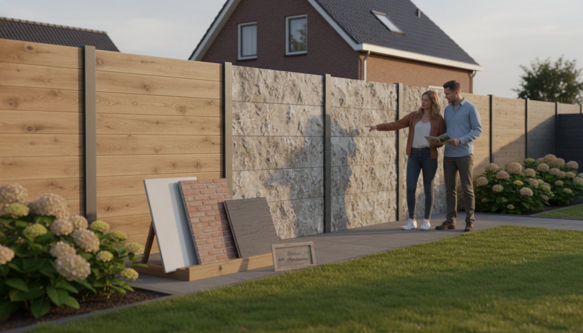 Verzorgde Nederlandse achtertuin op een zonnige dag met een moderne hout-beton schutting met steenmotief, groene klimplanten langs de platen en een houten terras op de voorgrond