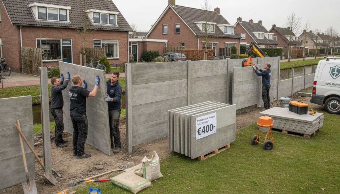 Twee vakmensen in werkkleding plaatsen betonpalen en betonplaten in een woontuintje in Nederland, met gereedschap en een kruiwagen naast hen op een bewolkte dag