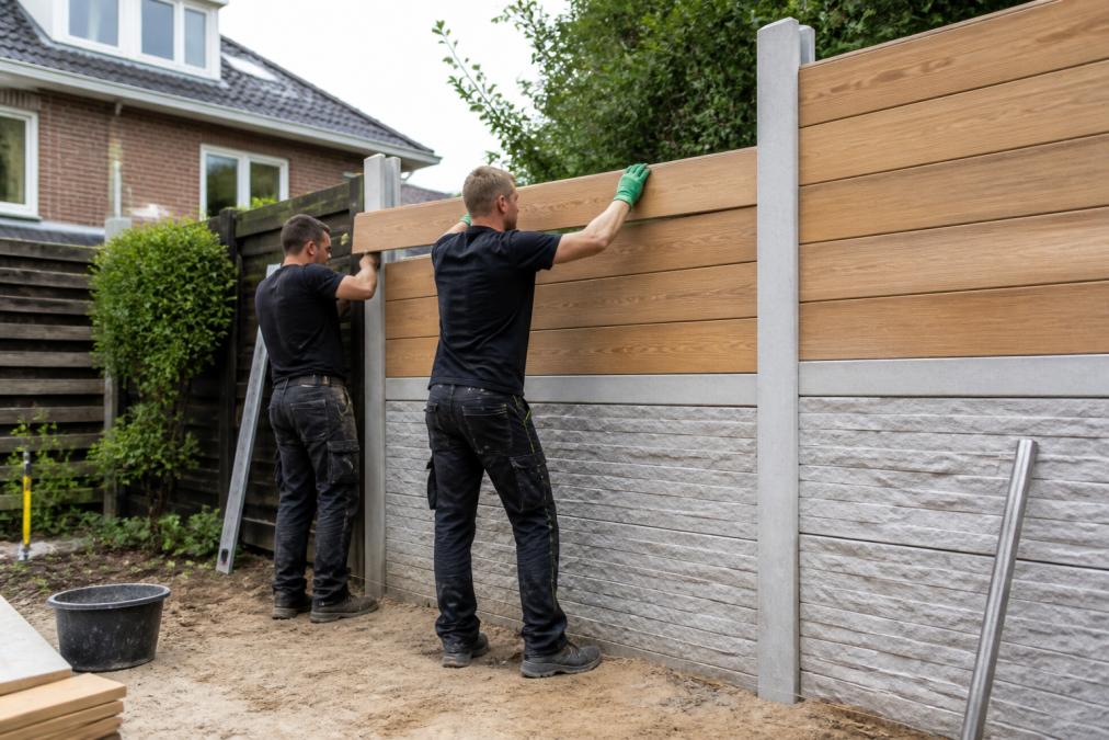 Professioneel installatiewerk met twee vakmensen die betonnen palen en houten paneelonderdelen in een residentiële achtertuin positioneren, met gereedschap zichtbaar en juiste uitlijning van de schuttingstructuur