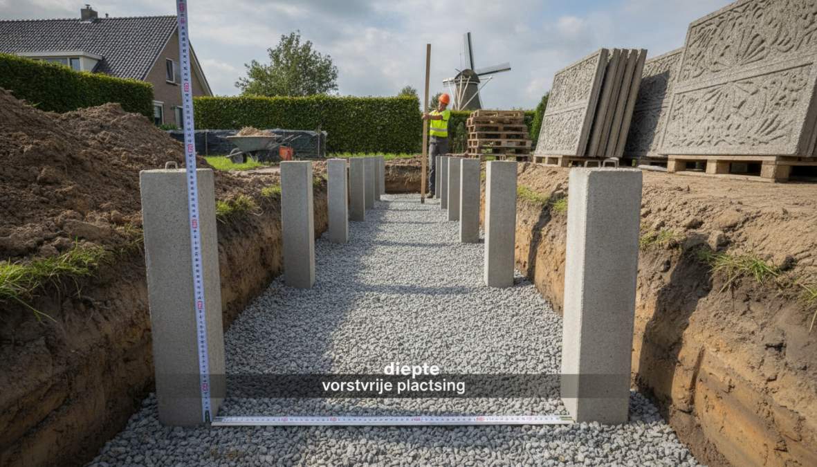 Grondboor graaft een gat voor het betonnen schutting plaatsen met een waterpas en meetlint op de achtergrond.