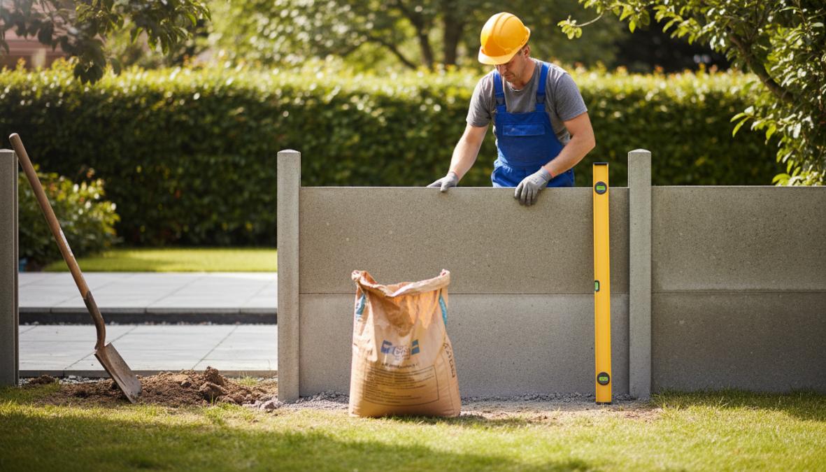 A worker in blue work clothes placing a concrete fence panel between two grey concrete posts in a residential garden, with a spirit level resting against the post and an open bag of quick-setting concrete on the ground nearby, photographed in warm afternoon sunlight