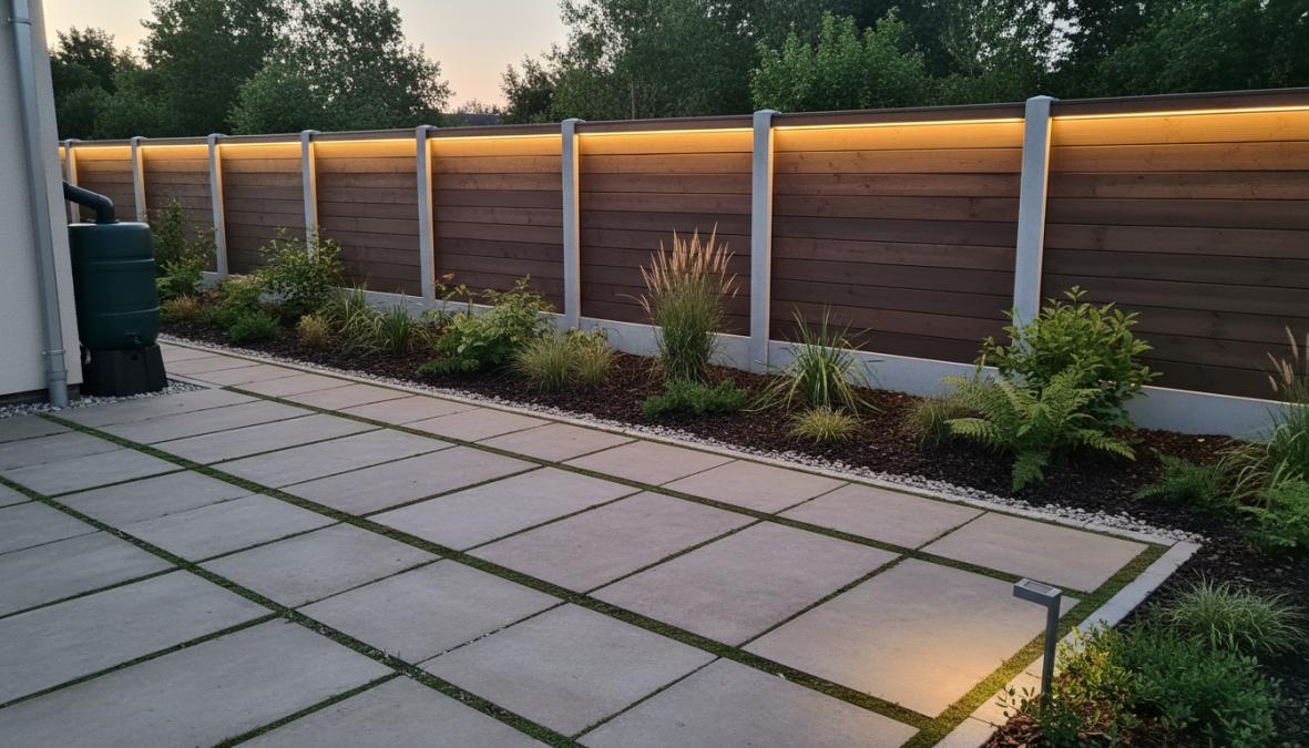 A modern residential garden with a neatly finished hout-beton combination fence, integrated LED strip lighting along the top rail, surrounded by lush green plants and a tidy grey paved terrace, photographed in the soft light of early evening