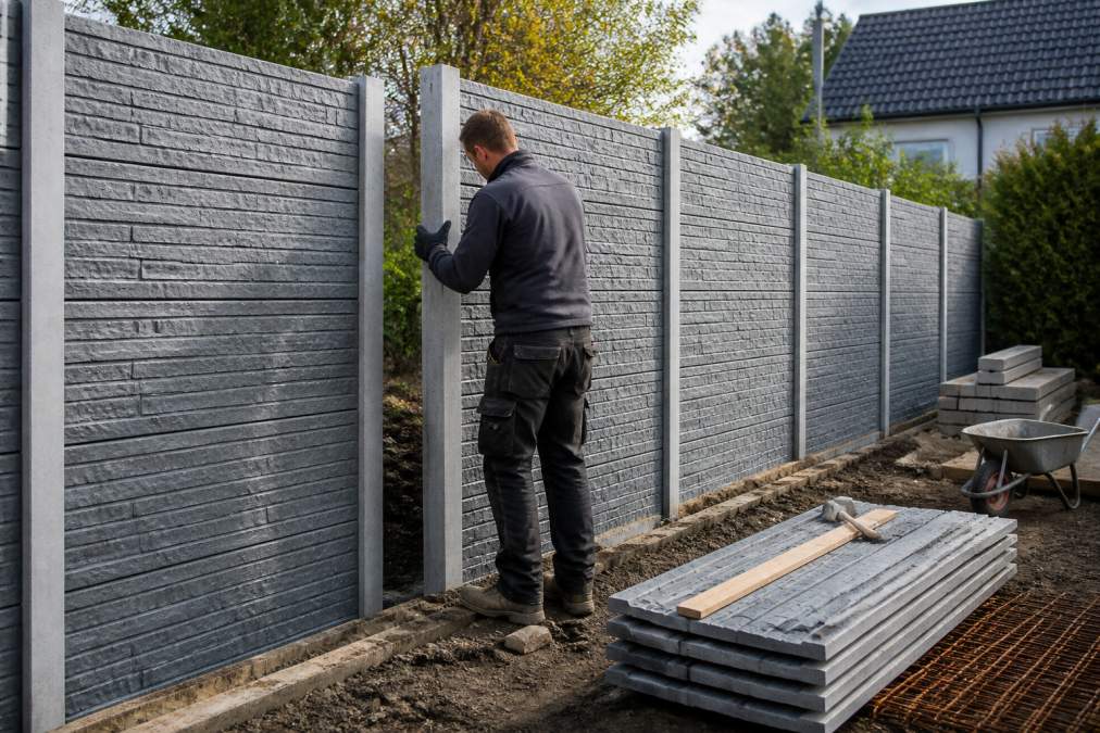 Ervaren vakman in werkkleding plaatst betonpalen en motiefplaten in een tuinontwerp, met gereedschap, betonpalen en materialen zichtbaar op de achtergrond, in daglicht