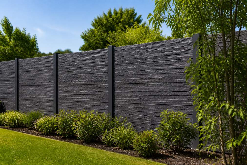 Close-up van een goed onderhouden betonnen schutting met antraciet afwerking in een groene tuinomgeving, geen zichtbare schade of betonrot, in natuurlijk daglicht
