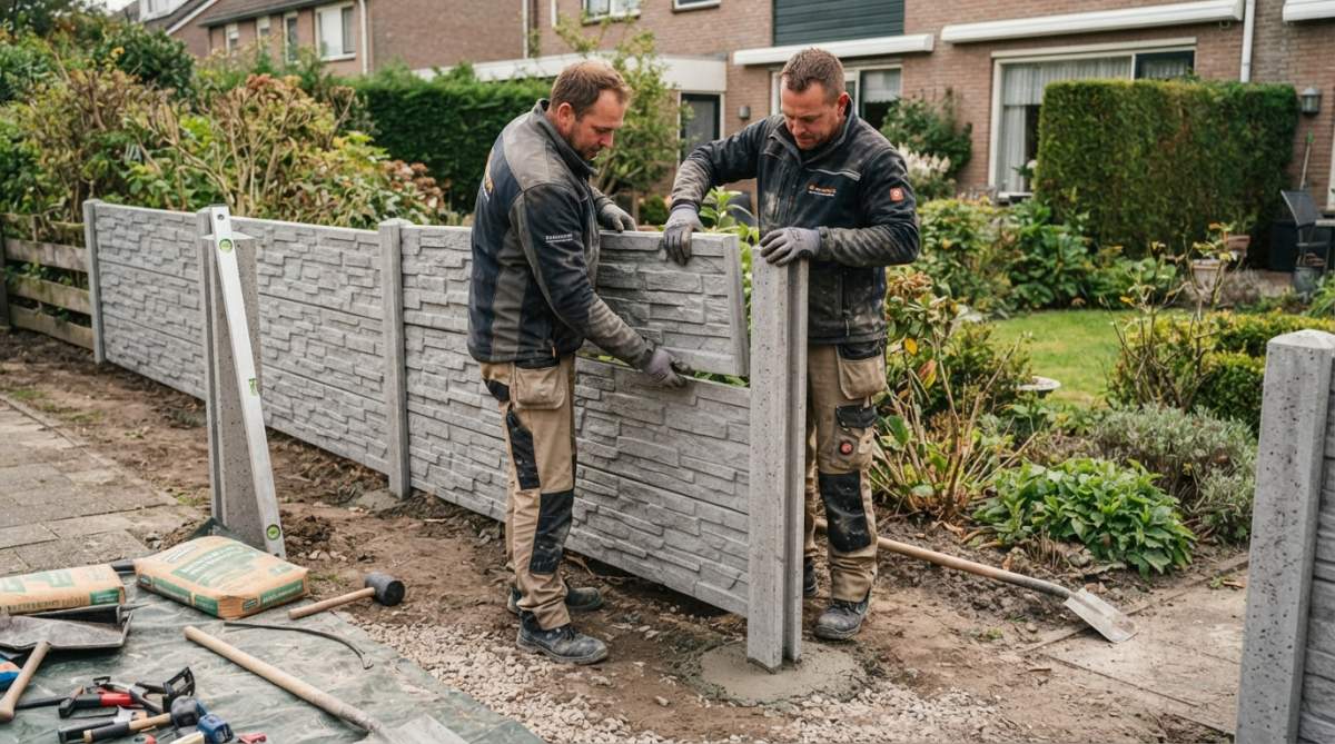 Vakman controleert afwatering bij betonpalen voor een betonschutting levensduur van vele jaren in de tuin.