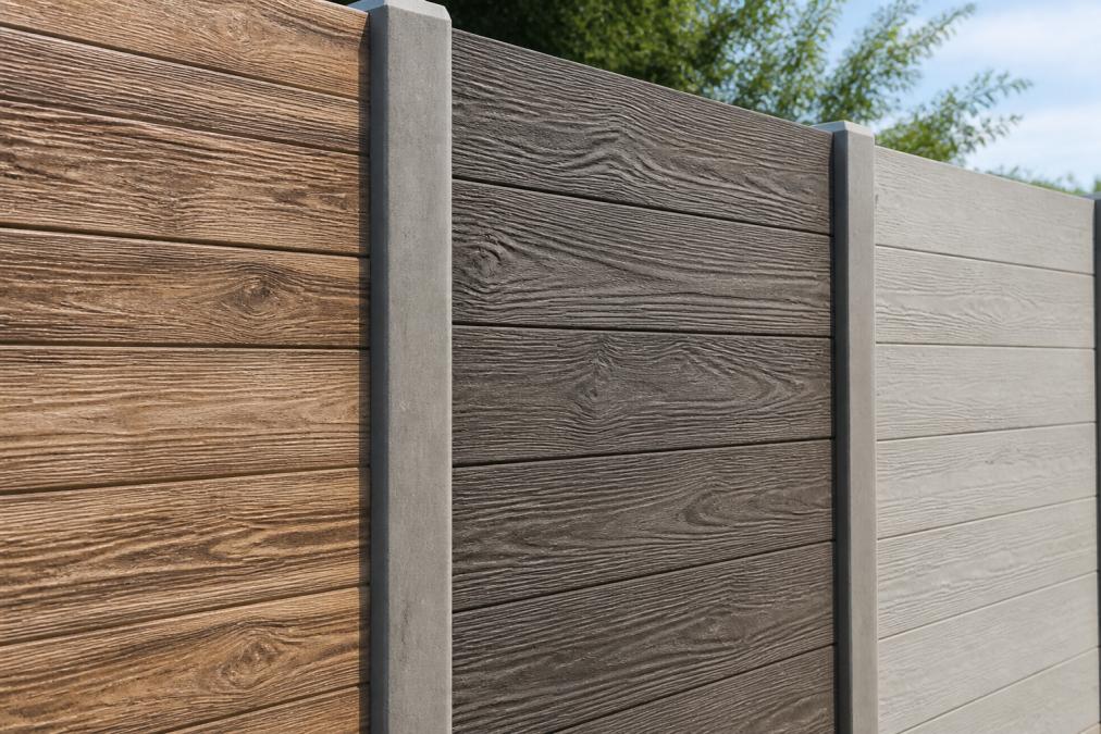 Close-up van betonnen schuttingpanelen met duidelijke houtnerf en geborstelde afwerking naast elkaar, waarbij de textuur en schaduwwerking in daglicht zichtbaar zijn