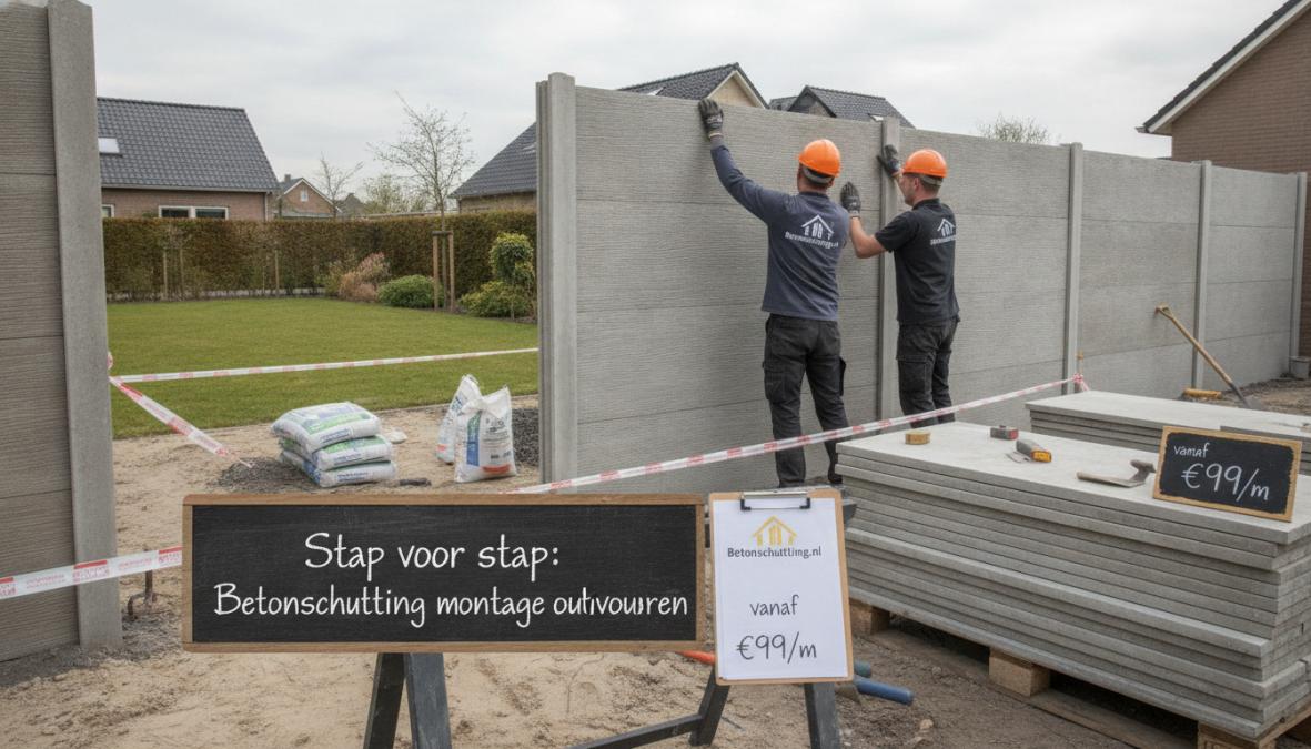 Handen plaatsen betonpalen met snelbeton en waterpas bij het betonschutting monteren in de tuin.