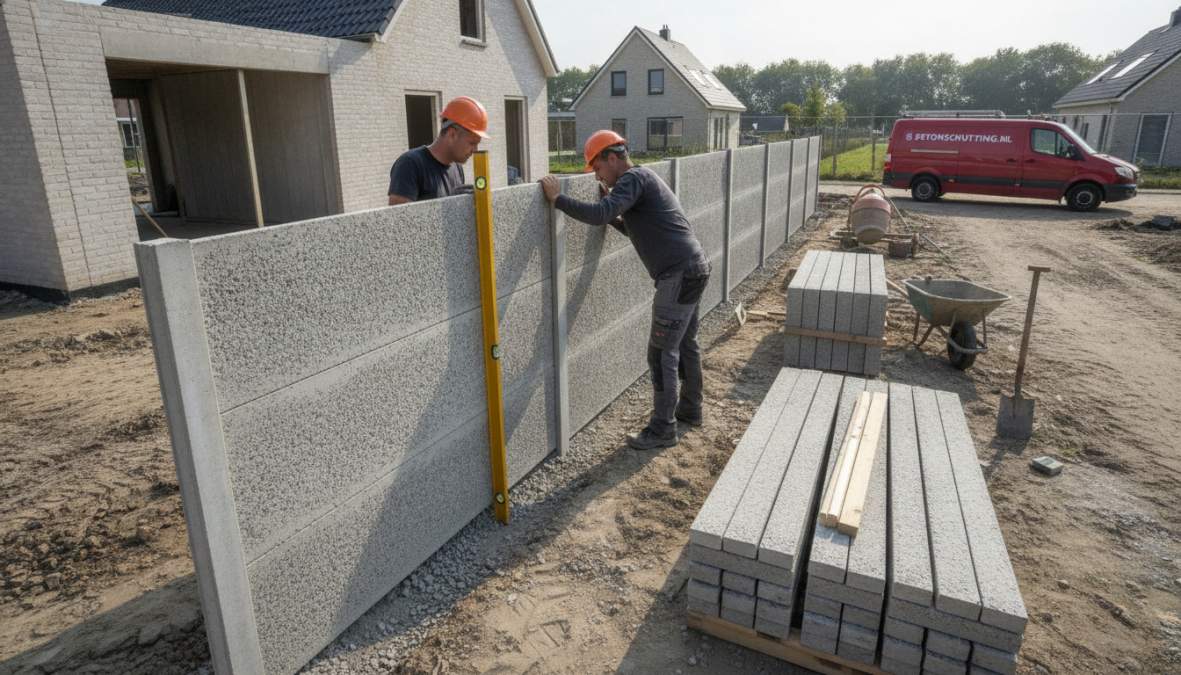 Vakman die betonpalen uitlijnt en stabiliseert met waterpas bij het plaatsen van een betonschutting in een tuin, zonnig weer, natuurlijke tuin achtergrond