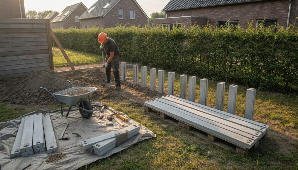Vakman die grondonderzoek uitvoert met spade, ondergrond blootleggend in verschillende lagen, tuinterrein met gereedschap zichtbaar