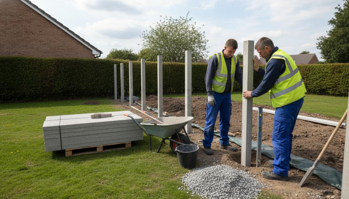 Twee vaklieden in werkkleding die betonpalen plaatsen in een achtertuin in een woonwijk, met betonnen platen gestapeld op de achtergrond klaar voor montage, fotografisch vastgelegd op een bewolkte ochtend