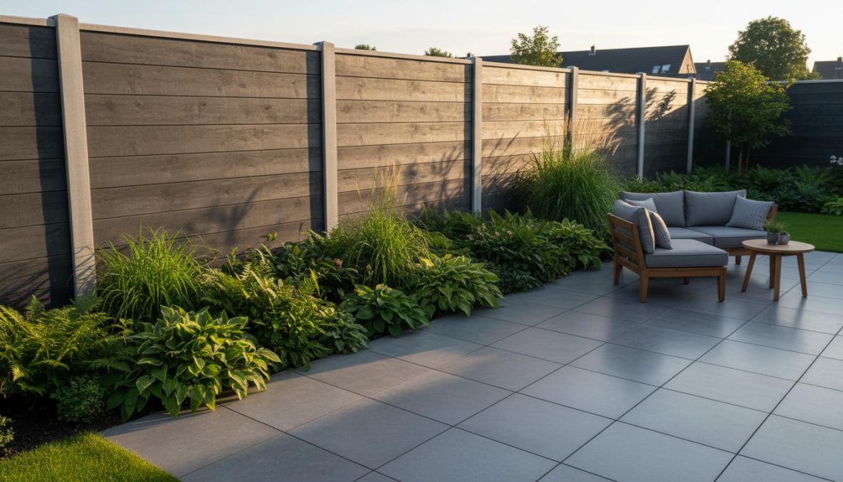 Een keurig afgewerkte tuin met een hout-betonschutting met een houtnerf-motiefpatroon, omgeven door groene beplanting en een betegeld terras, fotografisch vastgelegd op een zonnige middag