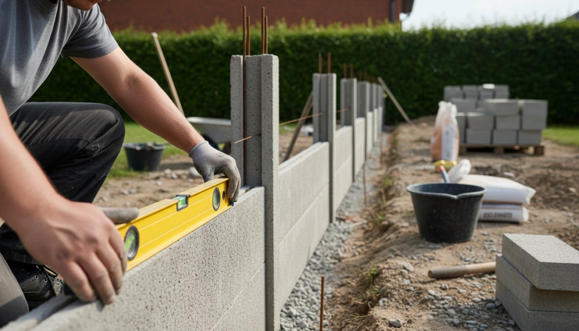 Persoon die een betonnen schuttingplaat tussen twee betonpalen plaatst in een zonnige tuin, met een waterpas op de paal en zakken snelbeton zichtbaar op de grond