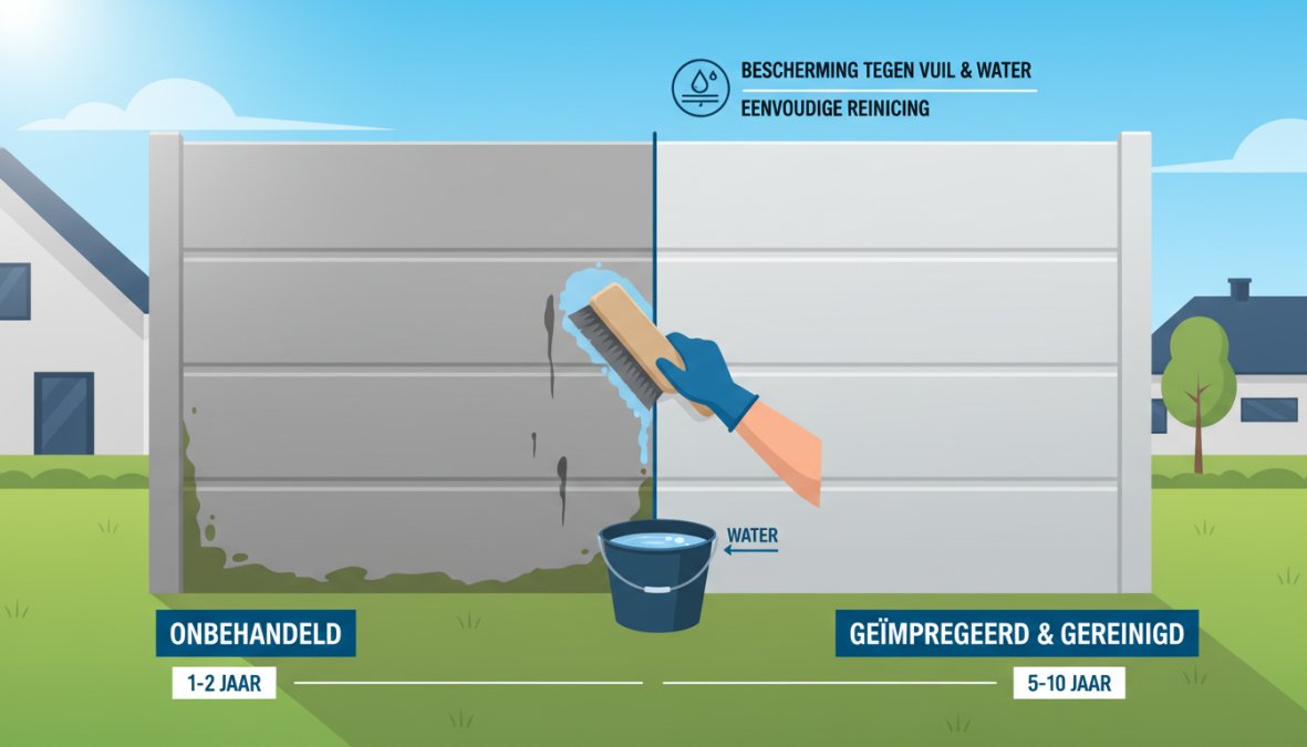 Close-up van een persoon die met een zachte borstel en emmer water een grijze betonnen schuttingplaat schoonmaakt in een zonnige achtertuin, waarbij het contrast zichtbaar is tussen het schoongemaakte en nog vuile gedeelte