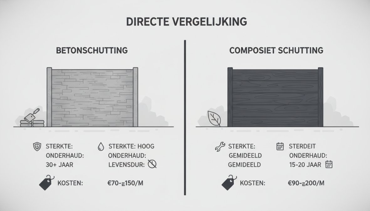 Grijze betonschuttingspaneel naast houten textuur composiet schuttingspaneel in tuinomgeving, zonnig licht, beide materialen zichtbaar in close-up