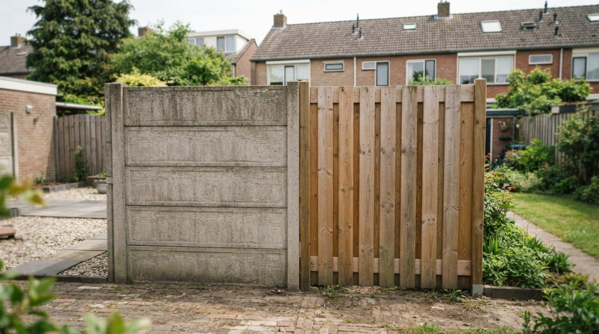 Twee naast elkaar staande erfafscheidingen in een tuinomgeving: links een moderne betonnen schutting in antraciet met gladde afwerking, rechts een klassieke houten schutting met zichtbare houtnerf en natuurlijke kleur, beide in een Eindhoven-achtige tuinsetting