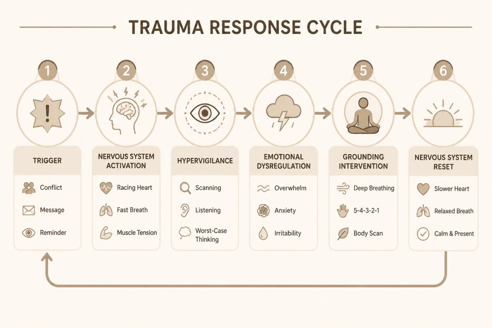 Betrayal Trauma Recovery for Beginners: 7 Steps to Start Healing 1 Flowchart showing the trauma response cycle: trigger → nervous system activation → hypervigilance → emotional dysregulation → grounding intervention → nervous system reset, with specific techniques labeled at each phase