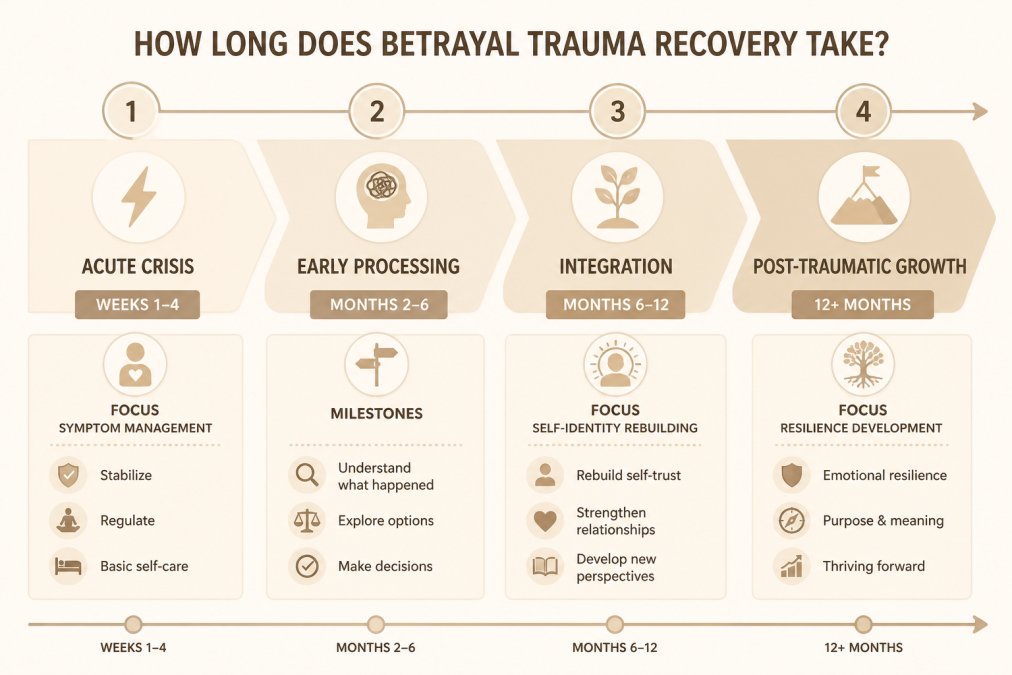 Betrayal Trauma Recovery for Beginners: 7 Steps to Start Healing 2 Timeline showing typical betrayal trauma recovery phases with specific milestones: acute crisis (weeks 1-4) with symptom management focus, early processing (months 2-6) with decision-making milestones, integration (months 6-12) with self-identity rebuilding, and post-traumatic growth (12+ months) with resilience development marked