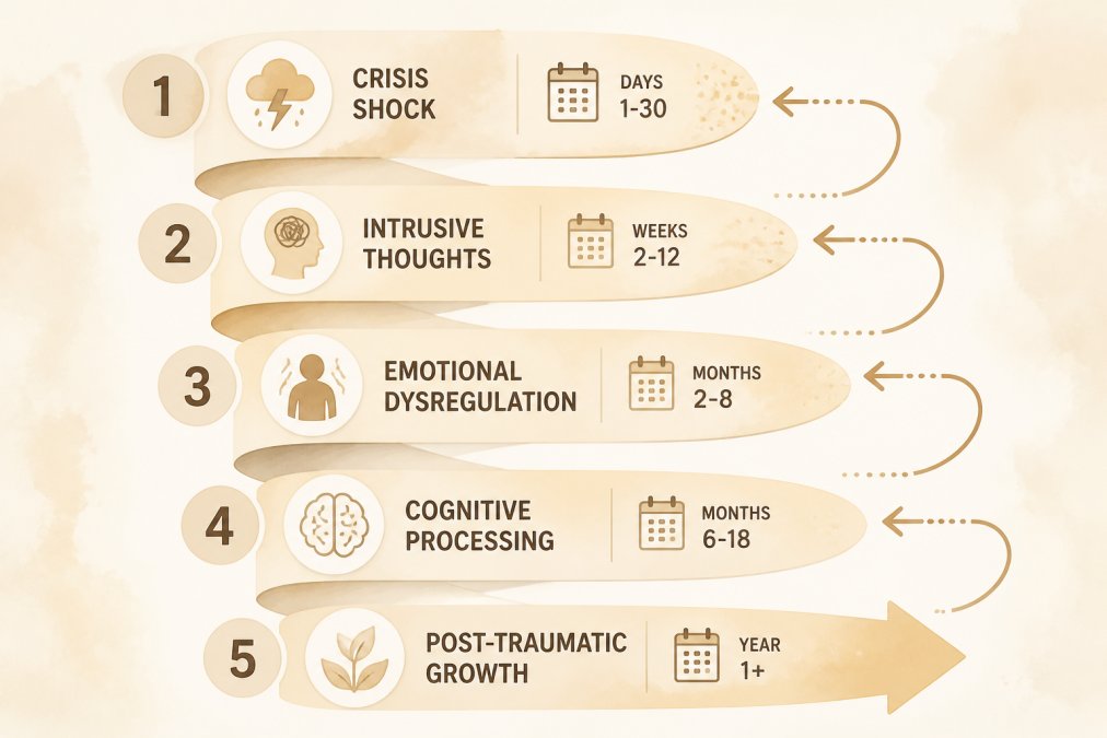 Watercolor flowchart showing the 5-stage spiral: Crisis and Shock (Days 1-30), Intrusive Thoughts (Weeks 2-12), Emotional Dysregulation (Months 2-8), Cognitive Processing (Months 6-18), Post-Traumatic Growth (Year 1+), with arrows looping backward from each stage to represent setbacks and relapse