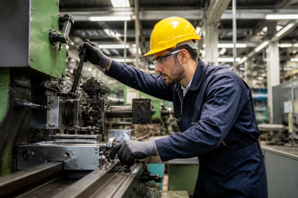 Industriearbeiter in vollständiger Schutzausrüstung mit Helm, Handschuhen und Sicherheitsschuhen bei der Bedienung einer Produktionsmaschine, konzentriert auf die Arbeit, helles Fabrikenlicht