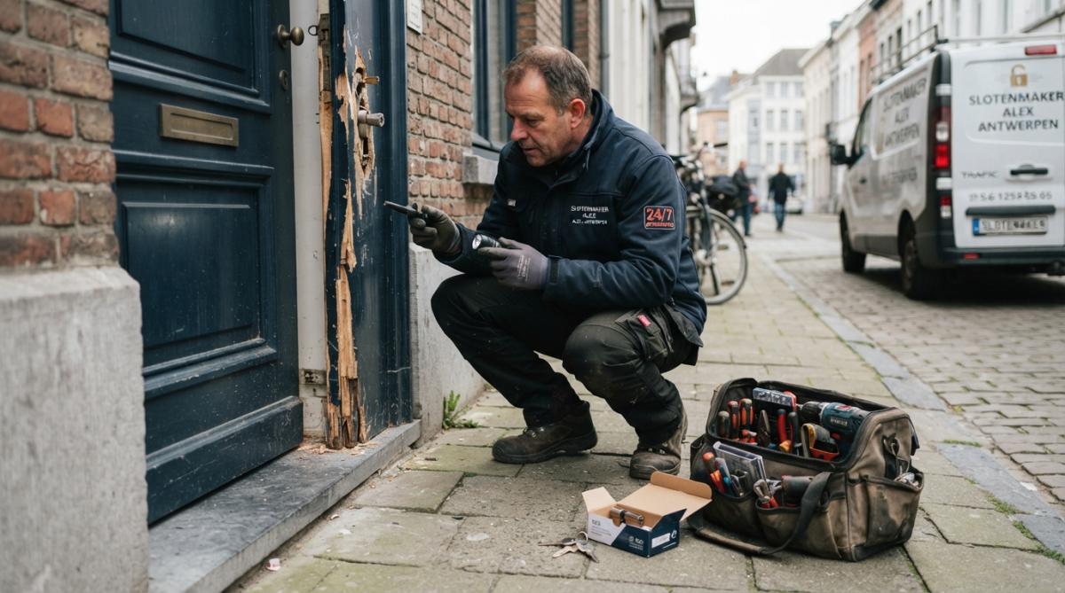 Een slotenmaker in werkkleding die een beschadigd deurslot inspecteert bij een woning in Antwerpen, met gereedschap en een vervangend cilinderslot naast zich op de stoep